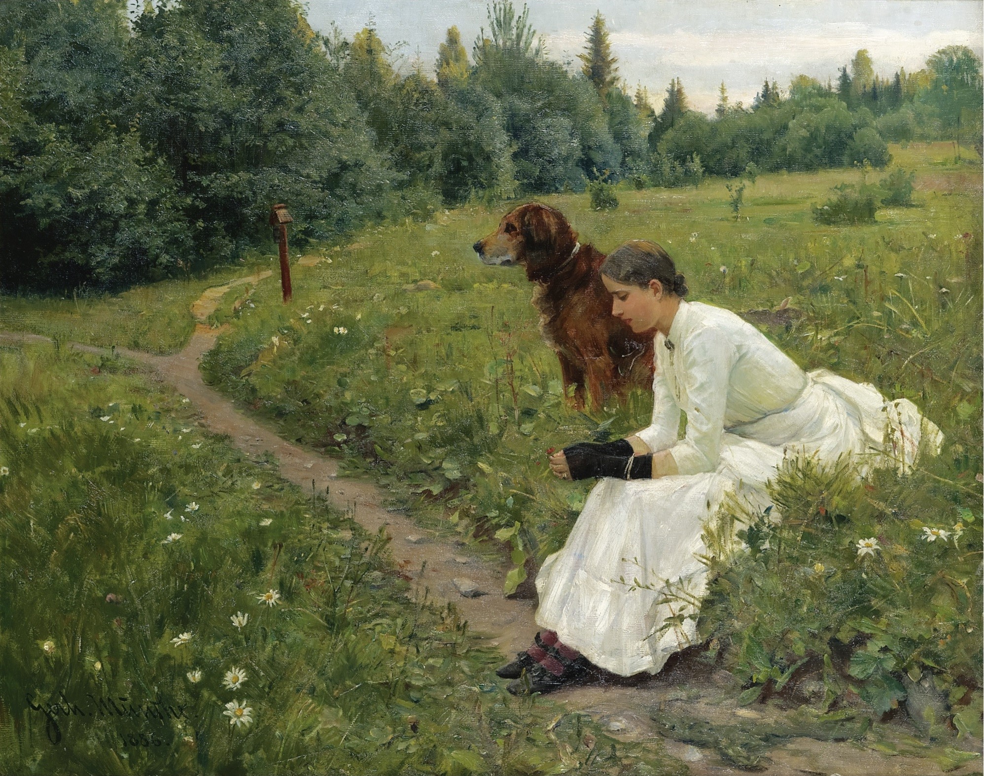 Under Fleskumsommeren 1886 malte Gerhard Munthe (1849 – 1929) sin forlovede Sigrun Sandberg med hund. Maleriet heter “Idyll”. Postkort, Lillehammer Kunstmuseum    